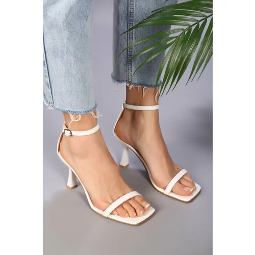Shoeberry Women's Sesa White Skin Single Strap Heeled Shoes