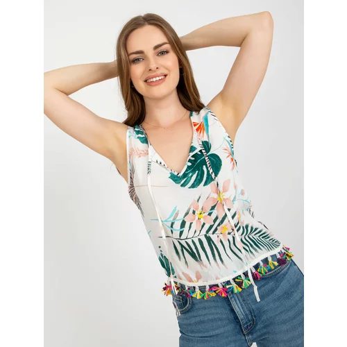 Fashion Hunters White summer blouse with print and fringe