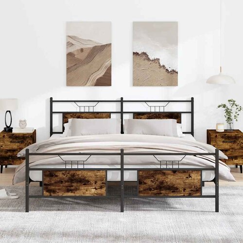vidaXL Kovinski posteljni okvir brez vzmetnice dimljen hrast 180x200cm Cene