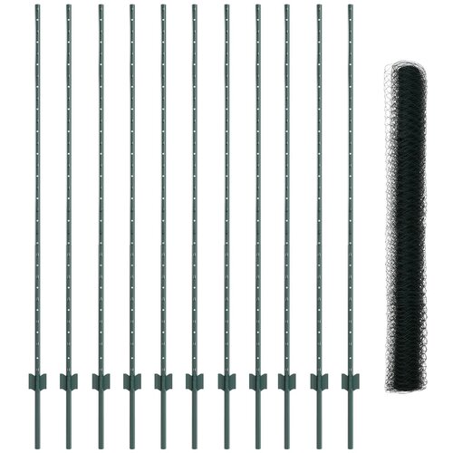 VidaXL Ograjni stebri 11 kosov U-kanal zelena 160 cm jeklo, Hexagonalna ograja zelena 1.6x25 m jeklo Slike