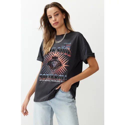 Trendyol Anthracite 100% Cotton Printed Oversize/Wide-Fit Knitted T-Shirt