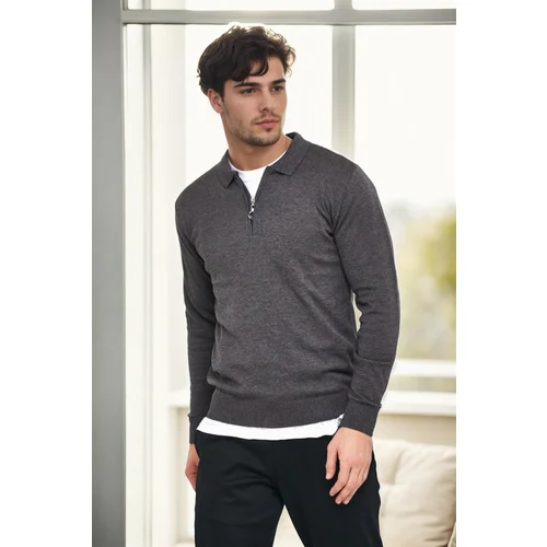 Dewberry 82155 Polo Neck Half Zipper Slim Fit Mens Sweater-GREY