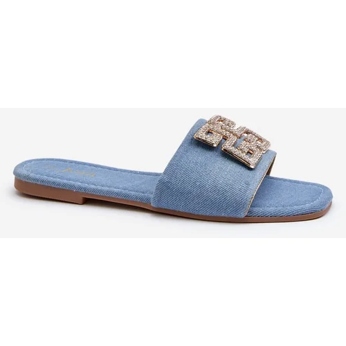 Kesi Women's denim slippers with flat heels and embellishments, blue Inaile