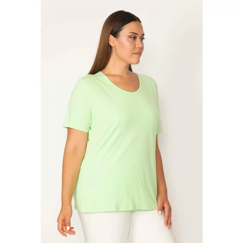 Şans Women's Plus Size Green Cotton Fabric Crew Neck Short Sleeve Blouse