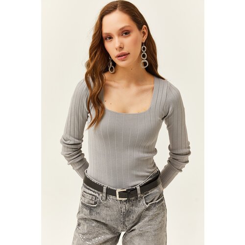 Olalook Women's Gray Square Neck Thick Ribbed Knitwear Blouse Cijene