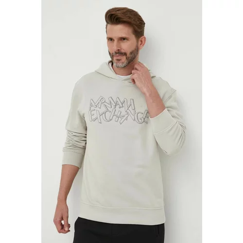 Armani Exchange Bombažen pulover moška, bež barva, s kapuco