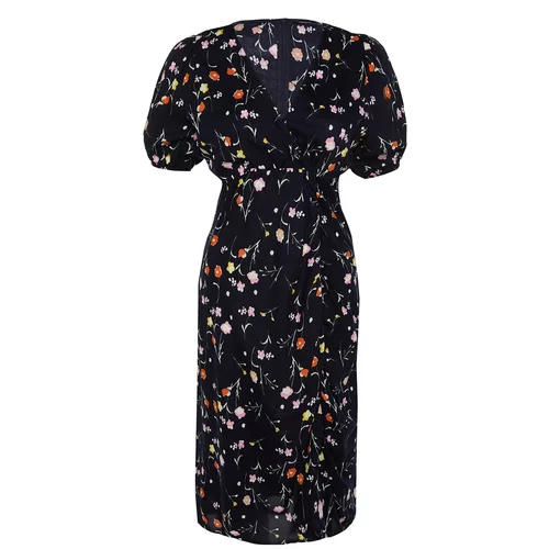 Trendyol Curve Navy Blue Floral Knitted Dress With Double Breasted Collar
