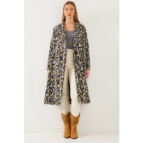 Bianco Lucci Women's Leopard Patterned Shawl Collar Detail Cashmere Coat 2476 Slike