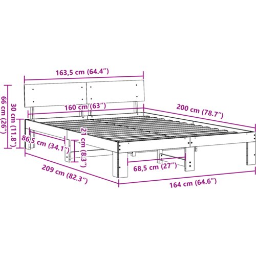 VidaXL Krevetna konstrukcija s uzglavljem 160x200 cm od masivne borovine Slike