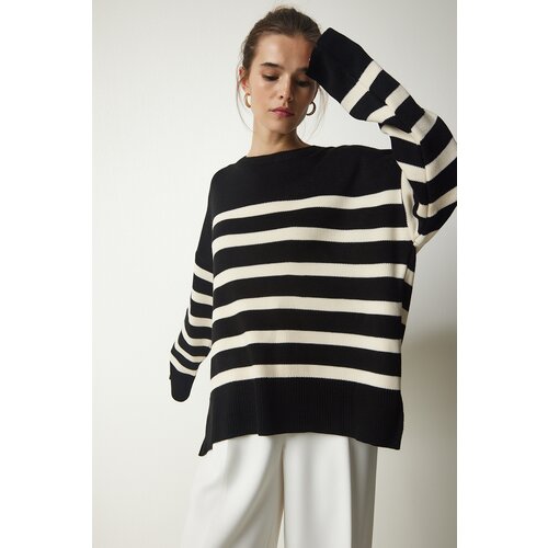 Happiness İstanbul Women's Black Bone Striped Oversize Knitwear Sweater Slike