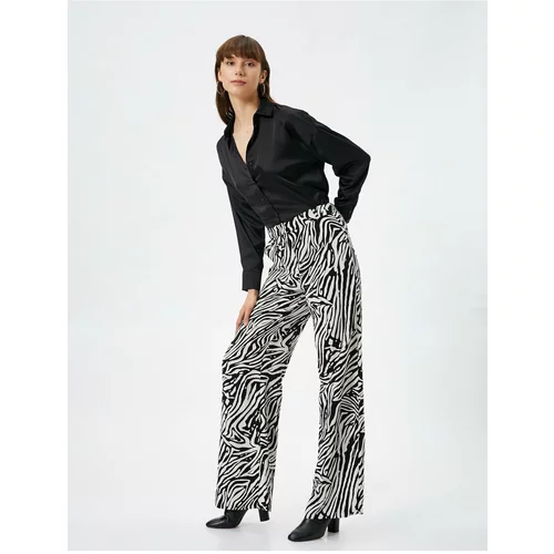 Koton Wide Leg Trousers Zebra Patterned High Waist Zippered Viscose Blend.