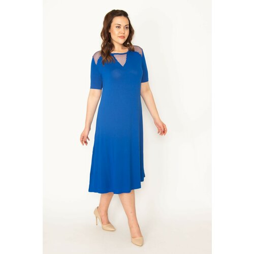 Şans Women's Plus Size Saxe Blue Mesh Detailed Viscose Dress Cene