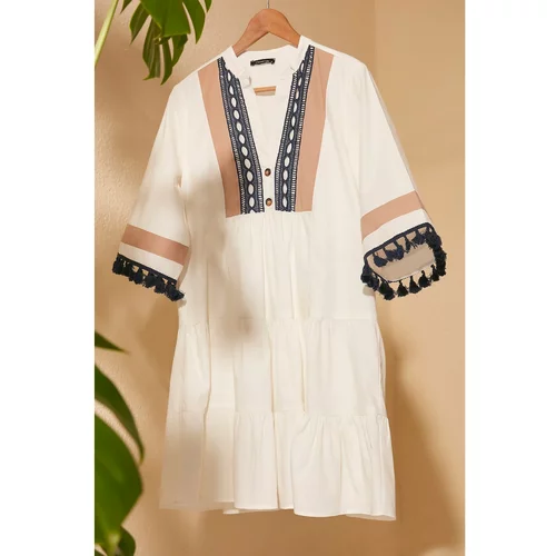 Trendyol White Embroidery and Tassel Detailed Dress