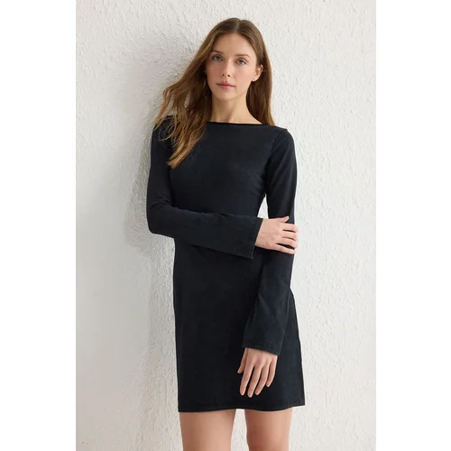 Trendyol Black Washed/Faded Effect Skater/Waist Open Mini Knit Dress