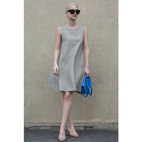 Madmext Gray Zero Sleeve Loose Linen Dress Slike