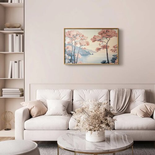  Plakat - Ocean Cliffs and Trees Delicate Motif in Pastel Colors 30x21 Zlatni okvir Slike