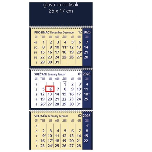  Kalendar zidni trodijelni 2026. s 3 spirale plavi Cene