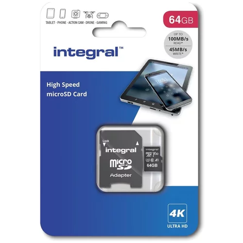 Integral Spominska kartica Micro SDXC V30 UHS-I U3, 64 GB + adapter