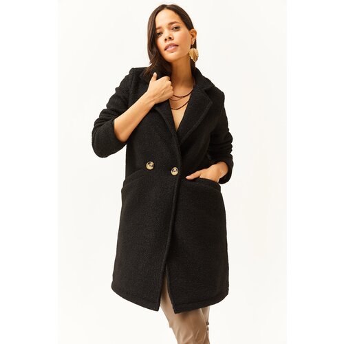 Olalook Women&amp;#039;s Black Buttoned Pocket Lined Boucle Coat Slike