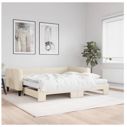 VidaXL Izvlečna dnevna postelja z vzmetnico krem 100x200 cm Slike