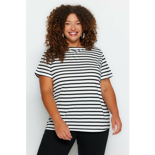 Trendyol Curve Black and White Striped Basic Knitted Boat Collar T-shirt Slike