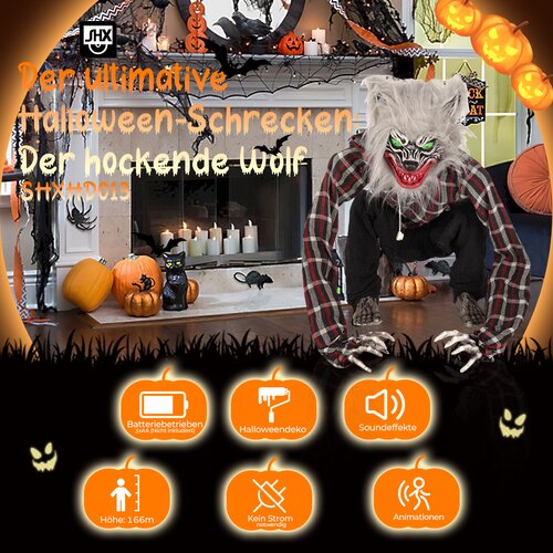 SHX Figura živali Volk sedeci volcji in glava roke animiran Halloween dekoracija Slike
