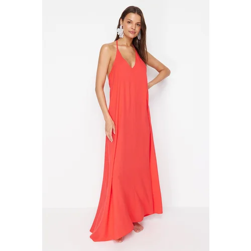 Trendyol Red Maxi Woven Back Low-cut Beach Dress