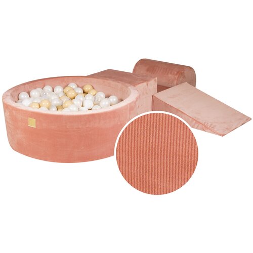 MeowBaby Penasti igralni set z jamo za žogo 90x30cm/200 žogic 7cm, Igralni set za otroka, 3 elementi, Velvet žamet, Roza, Žogice: bela perla, bež, pro, (20801201) Cene
