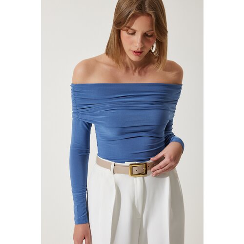  Women's Indigo Blue Off-the-Shoulder Shirring Detailed Blouse Cijene