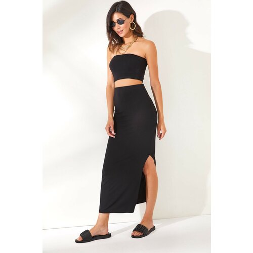 Olalook Women's Black Top Strapless Skirt Set with Slits Cene