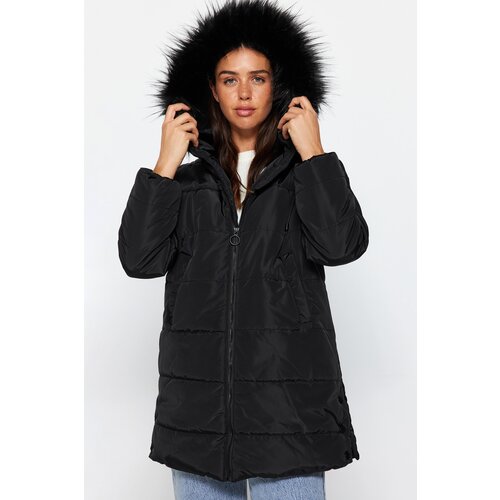 Trendyol Black Oversized Fur Hooded Waterproof Parka Quilted Down Jacket Slike