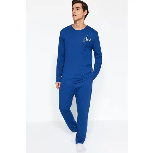 Trendyol Men's Indigo Regular Fit Printed Knitted Pajamas Set.