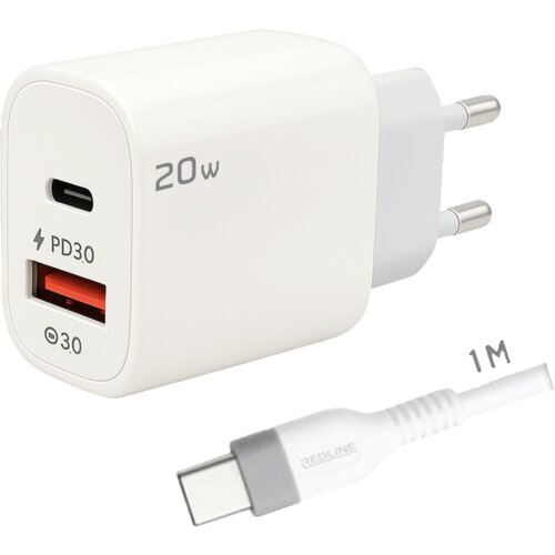 Redline Punjač sa USB-C kablom GL20AC+CC-1M, 1 x USB-A, 1 x USB-C, 20W, Bijeli Slike