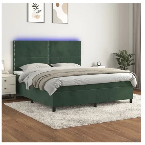 vidaXL Box spring postelja z vzmetnico LED tem. zelena 160x2