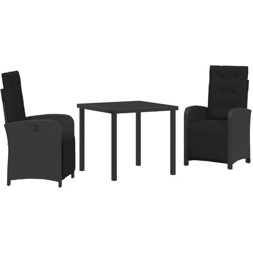 VidaXL 3 komadni vrtni set za objedovanje s jastučićima crni poli ratan, vrtni stol crni 80x80x73 cm staklo otporno na udarce Slike
