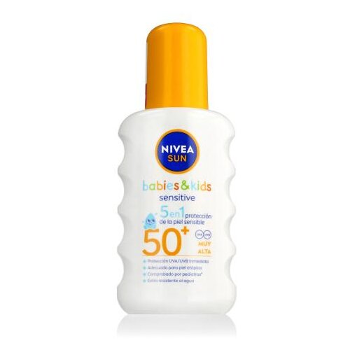 Nivea Sun Babies &amp;amp; Kids Sensitive Protect Spray SPF50+ vodootporan proizvod za za&amp;scaron;titu od sunca za tijelo za sve vrste kože 200 ml Slike