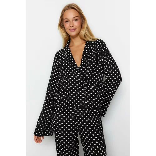Trendyol Black Heart Patterned Lace-Up Detailed Viscose Woven Pajamas Set