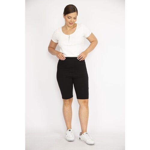 Şans Women's Black Plus Size Wide Belt Knitted Viscose Fabric Shorts Slike