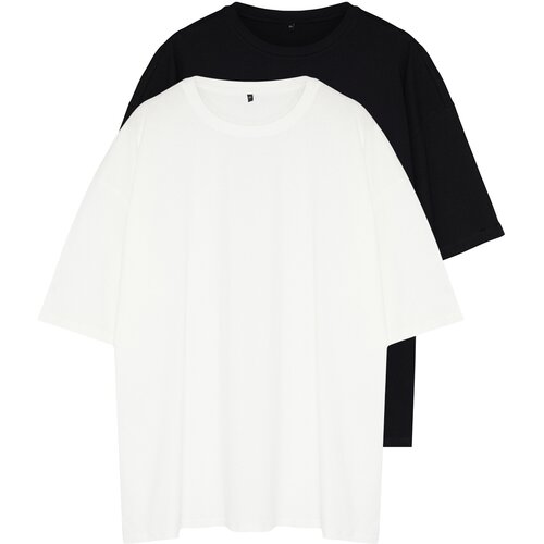 Trendyol Plus Size Black-Ecru Men's Oversize 2-Pack Basic 100% Cotton Comfortable T-Shirt Slike