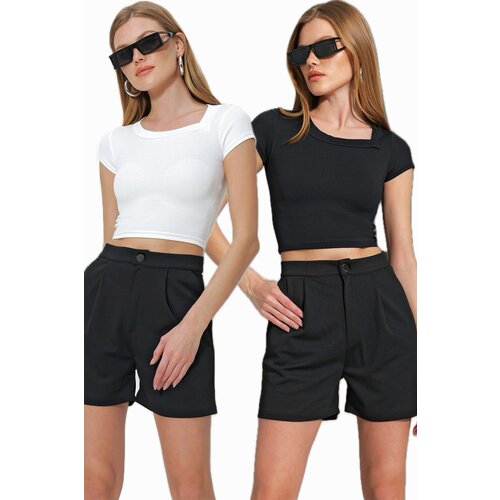 Trend Alaçatı Stili Women's Black and White Square Neck Crop Top 2-Pack T-Shirt Slike