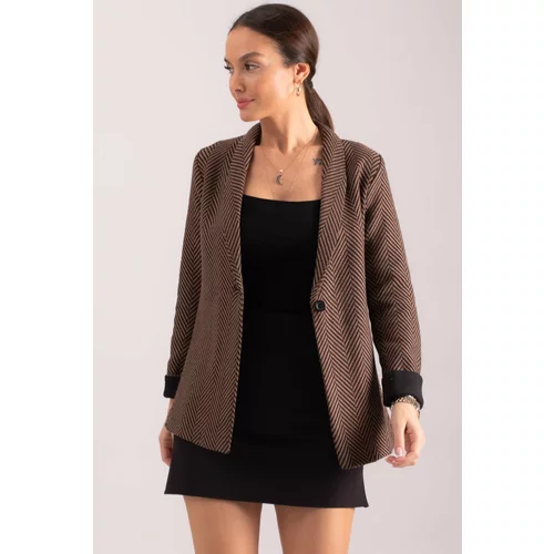 armonika Women's Light Brown Herringbone Pattern Sleeve Fold Single Button Cachet Jacket