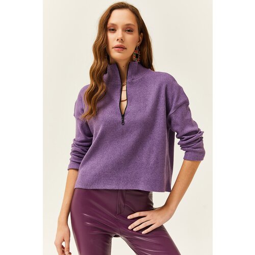Olalook Women&amp;#039;s Purple Zipper High Neck Raised Sweater Slike