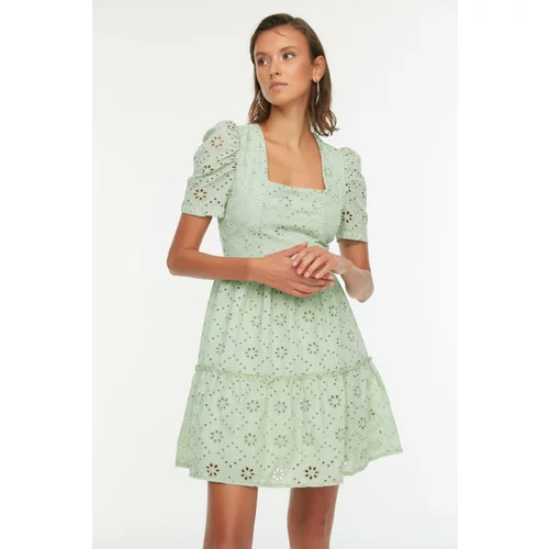 Trendyol Mint Square Collar Embroidered Dress