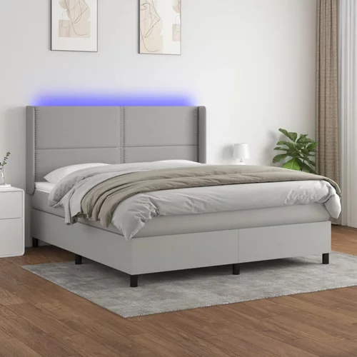 vidaXL Box spring postelja z vzmetnico LED sv. siva 180x200 cm blago