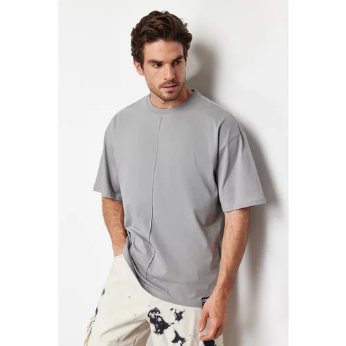 Trendyol Men's Gray Oversize Stitch Detail 100% Cotton T-Shirt