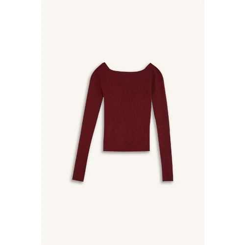 Defacto Fitted Open Shoulder Basic Plain Burgundy Knitwear Sweater