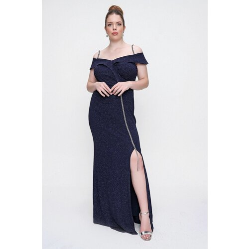 By Saygı Violet Plus Size Long Dress With Sequins, Thread Straps and a Slit in the Front. Wide Size Range Slike