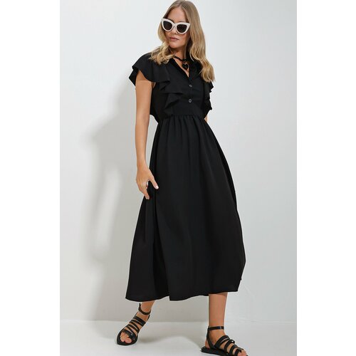 Trend Alaçatı Stili Women's Black Shirt Collar Half Pop Ruffle Detail Hidden Zipper Midi Length Dress Cene