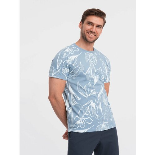 Ombre Men's full-print t-shirt with contrasting leaves - blue Slike