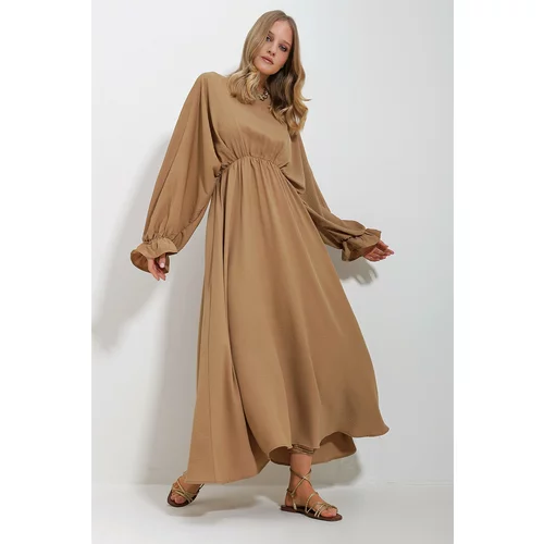 Trend Alaçatı Stili Women Camel Crew Neck Balloon Sleeve Aerobin Fabric Length Dress